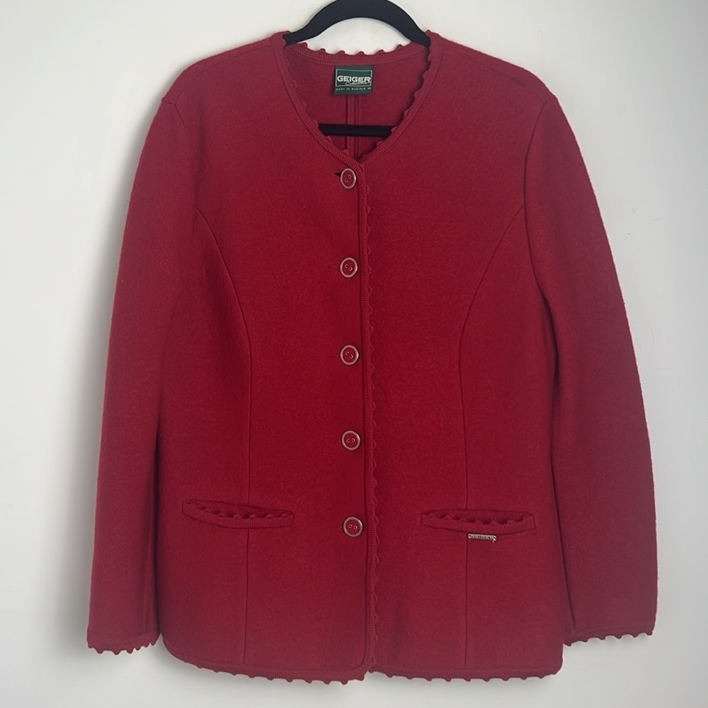 Vintage Geiger Collection Red 100% Wool Jacket Mature Classic Old‎ Money Sz 14